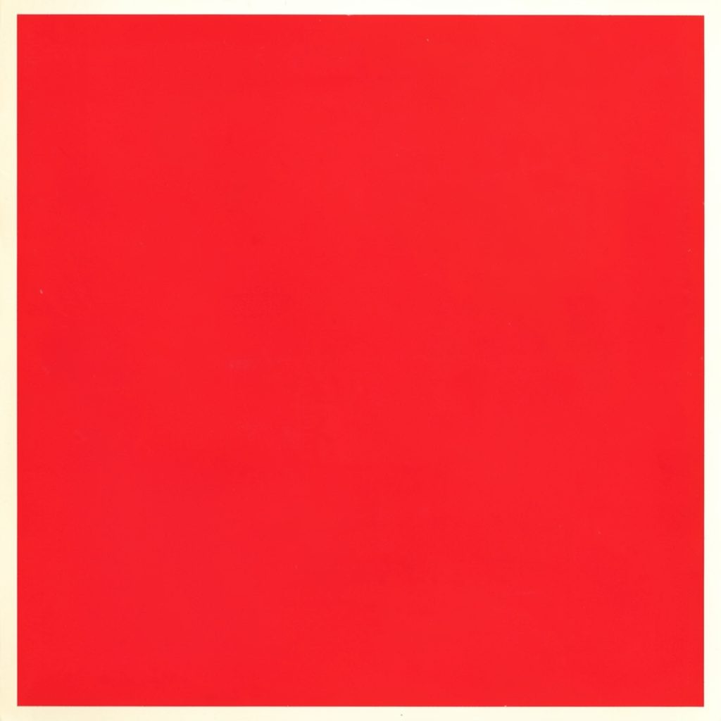 Matte gouache poster painting of a single glowing blue tile marked as a featured panel, deep navy background with warm red corner accents