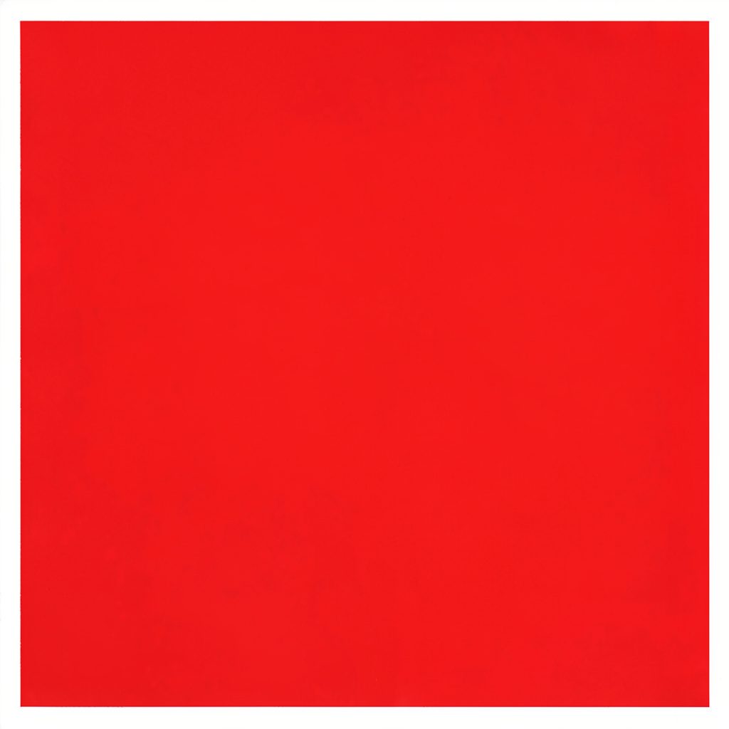 Matte gouache poster painting of a grid of small coloured category squares in blue, red and grey on a dark charcoal ground
